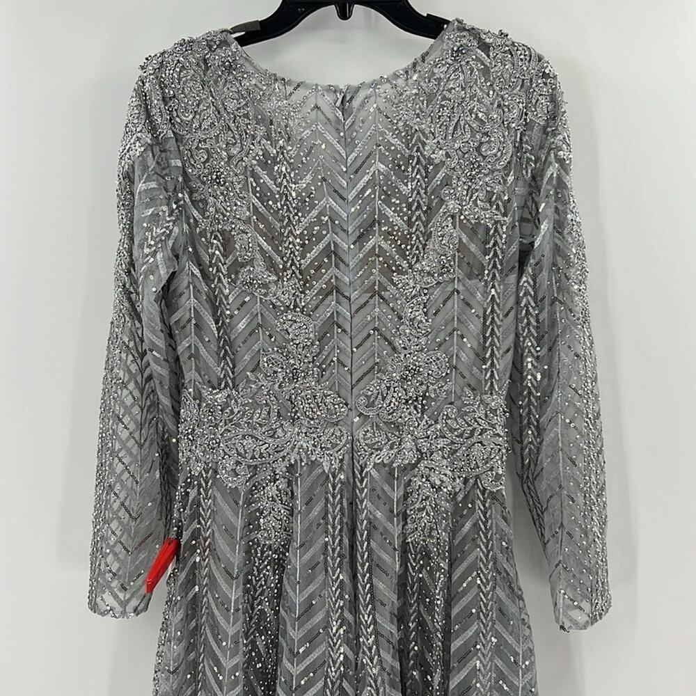 Mac Duggal 20189 Silver Embellished Illusion Long Sleeve Wrap Over A Line Gown - Picture 12 of 14